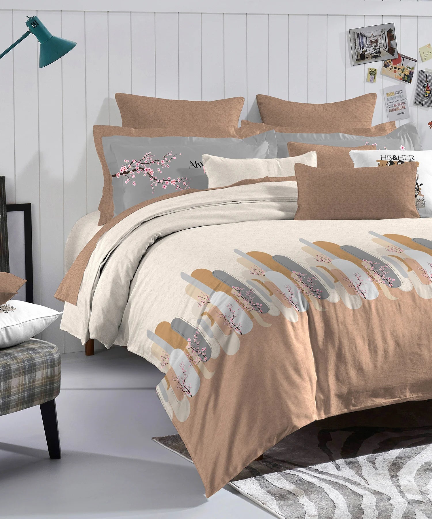 His & Her King Bedsheet Set, Japan Bloom|144 TC Cotton| 2 Pillow Cover & 2 Cushion Covers