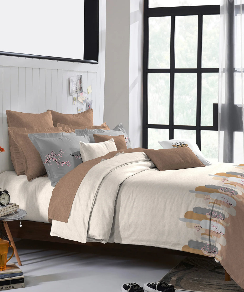 His & Her King Bedsheet Set, Japan Bloom|144 TC Cotton| 2 Pillow Cover & 2 Cushion Covers