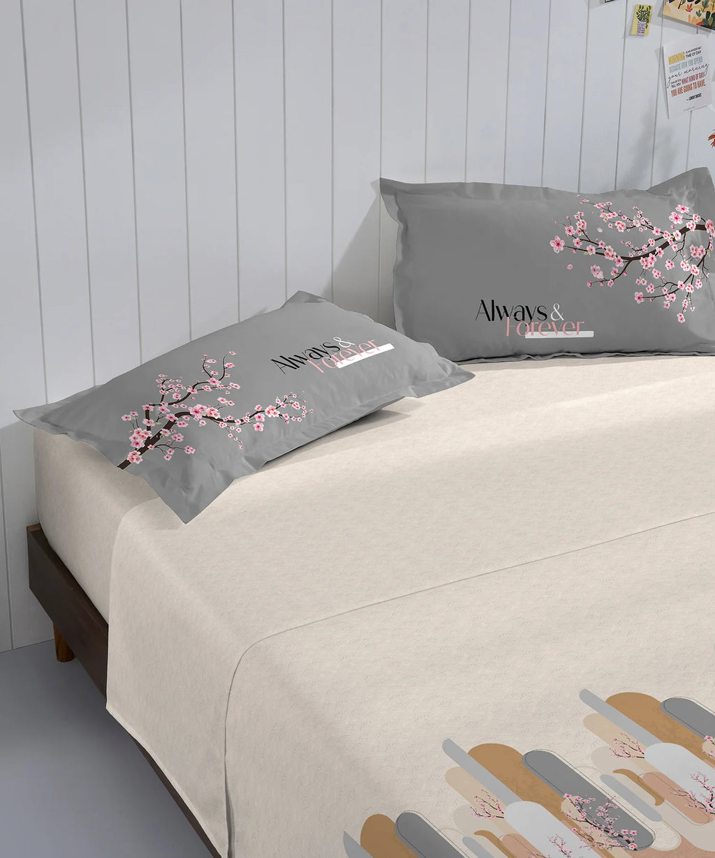 His & Her King Bedsheet Set, Japan Bloom|144 TC Cotton| 2 Pillow Cover & 2 Cushion Covers