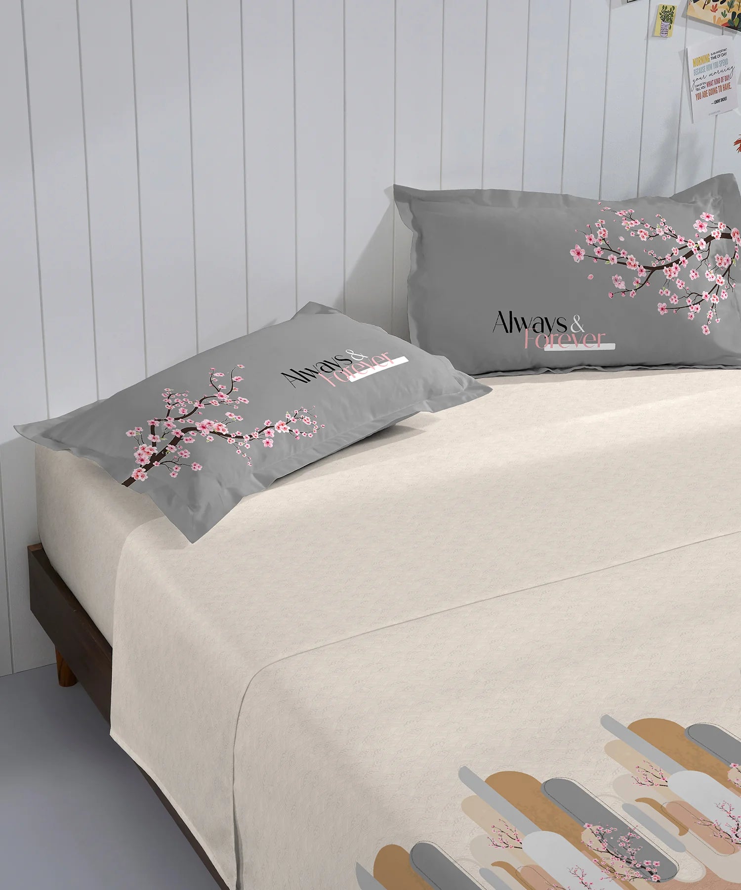 His & Her King Bedsheet Set, Japan Bloom|144 TC Cotton| 2 Pillow Cover & 2 Cushion Covers