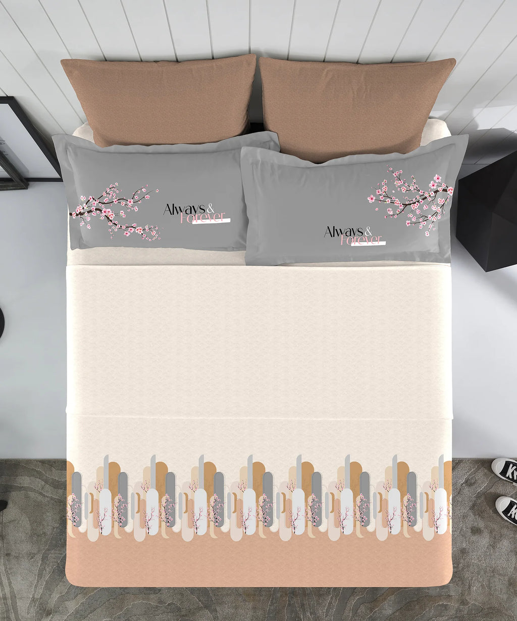 His & Her King Bedsheet Set, Japan Bloom|144 TC Cotton| 2 Pillow Cover & 2 Cushion Covers