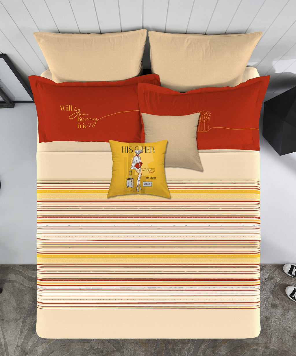 His & Her King Bedsheet Set, Be My Fries |144 TC Cotton| 2 Pillow Cover & 2 Cushion Covers