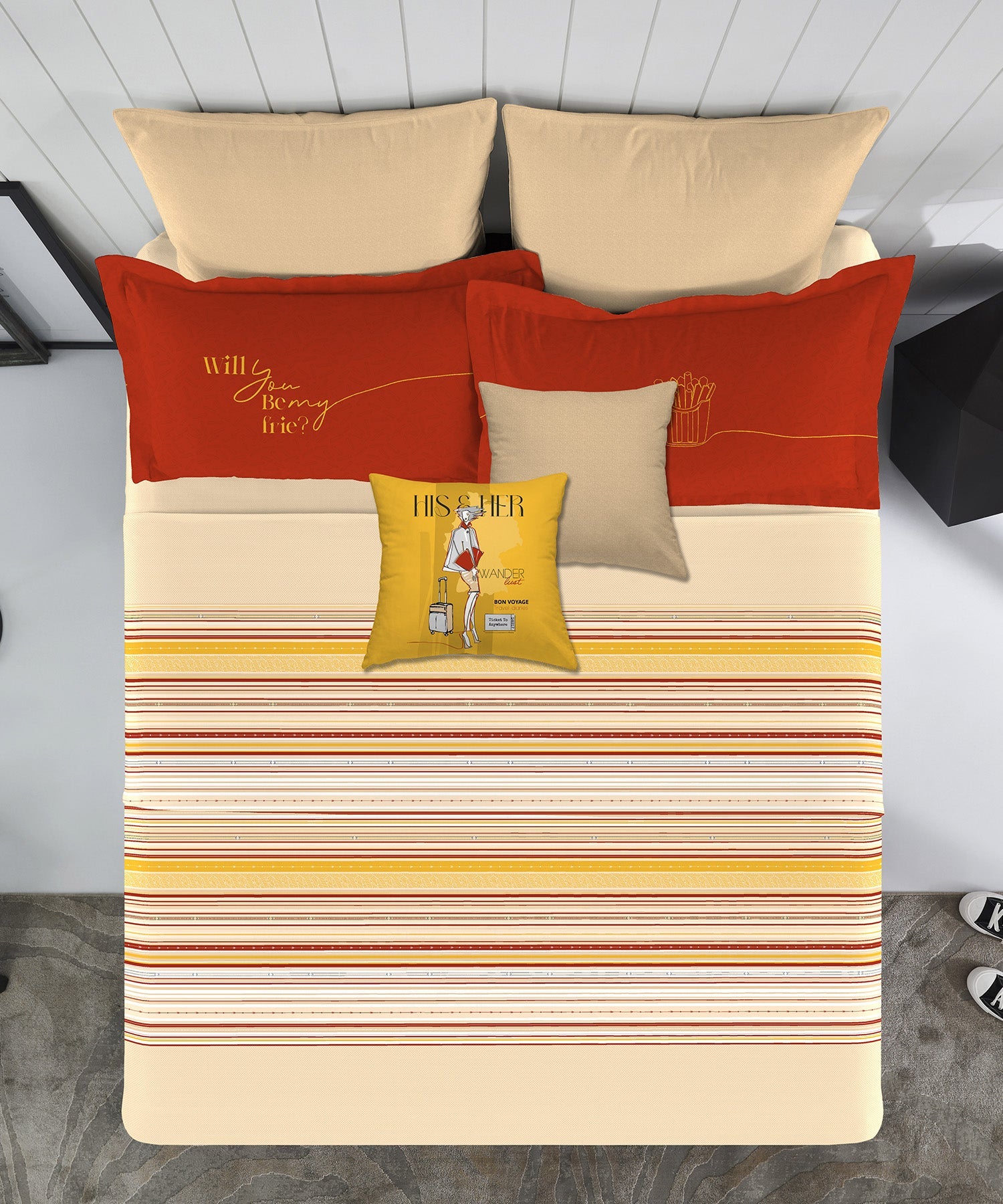 His & Her King Bedsheet Set, Be My Fries |144 TC Cotton| 2 Pillow Cover & 2 Cushion Covers