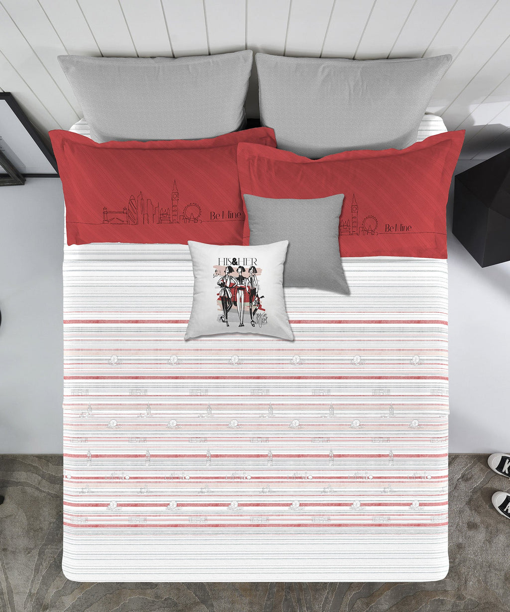 His & Her King Bedsheet Set, London Calling |144 TC Cotton| 2 Pillow Cover & 2 Cushion Covers