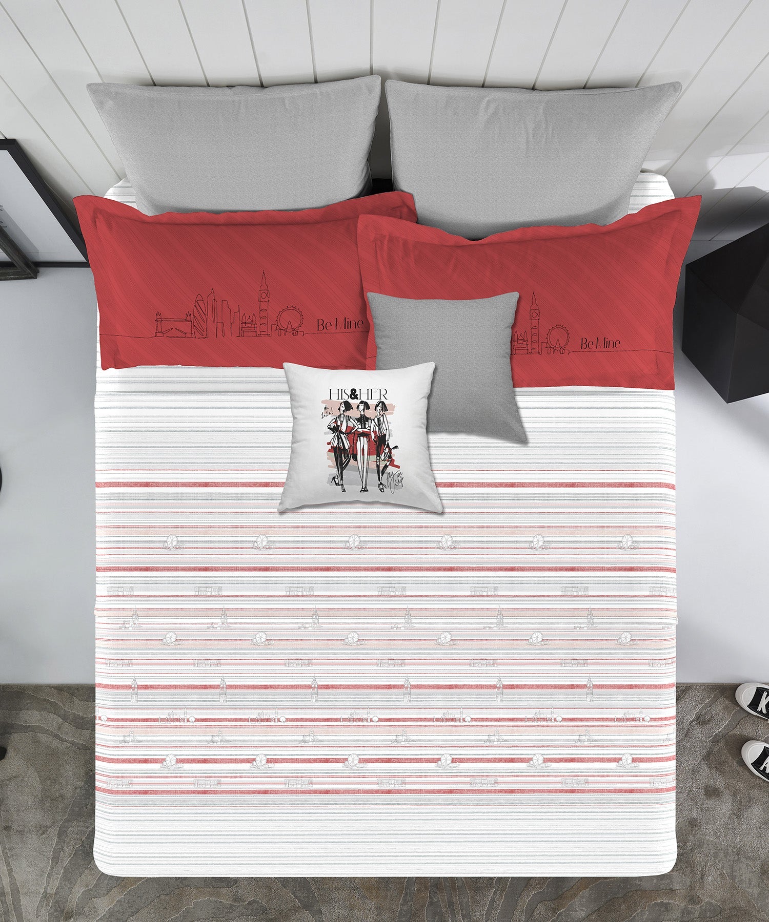 His & Her King Bedsheet Set, London Calling |144 TC Cotton| 2 Pillow Cover & 2 Cushion Covers