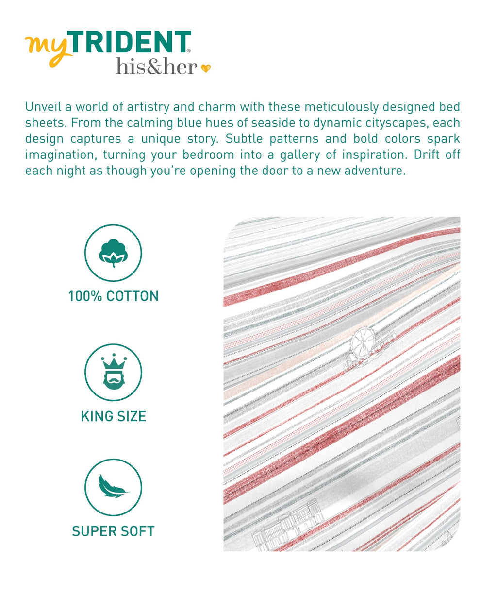 His & Her King Bedsheet Set, London Calling |144 TC Cotton| 2 Pillow Cover & 2 Cushion Covers