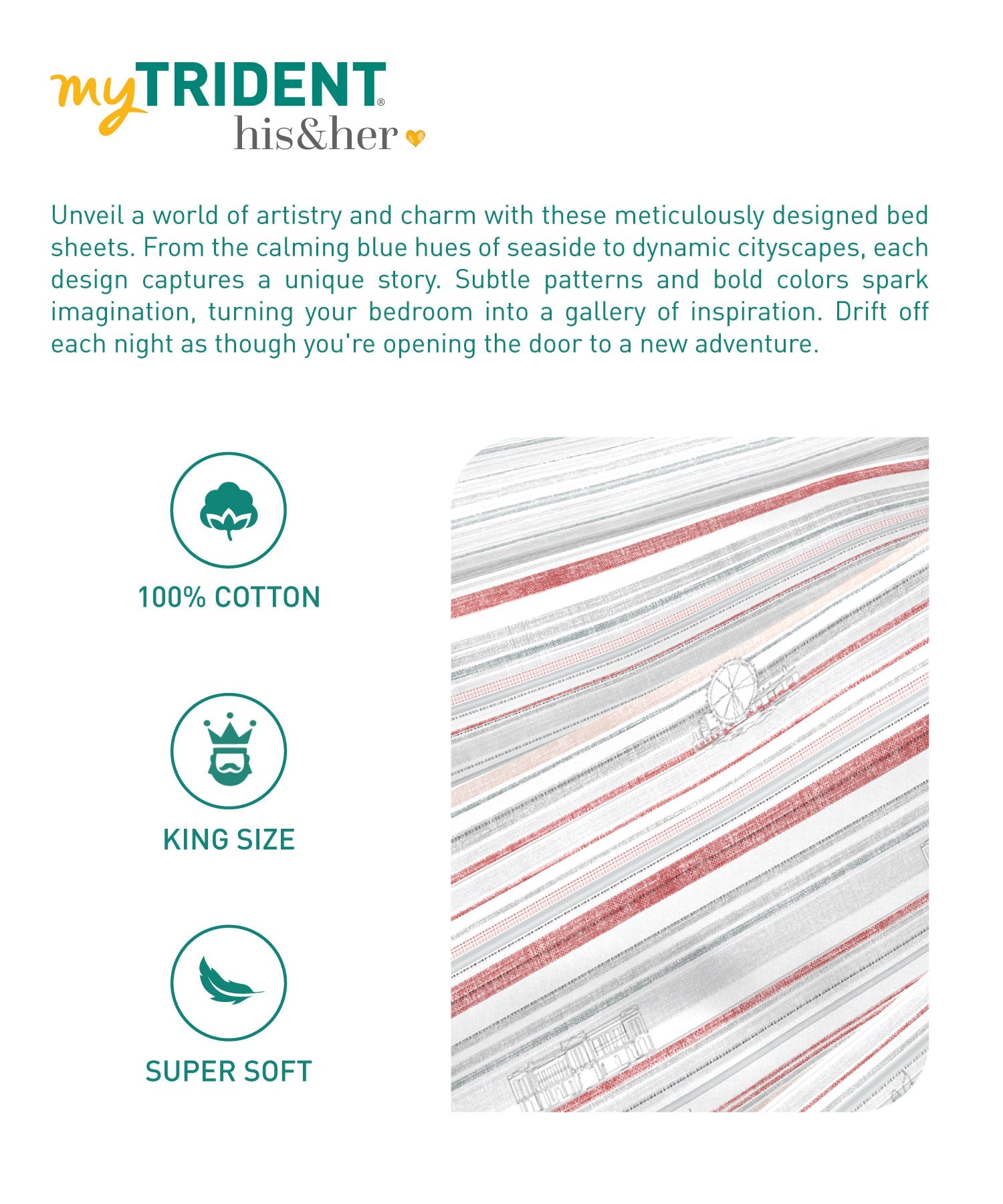 His & Her King Bedsheet Set, London Calling |144 TC Cotton| 2 Pillow Cover & 2 Cushion Covers
