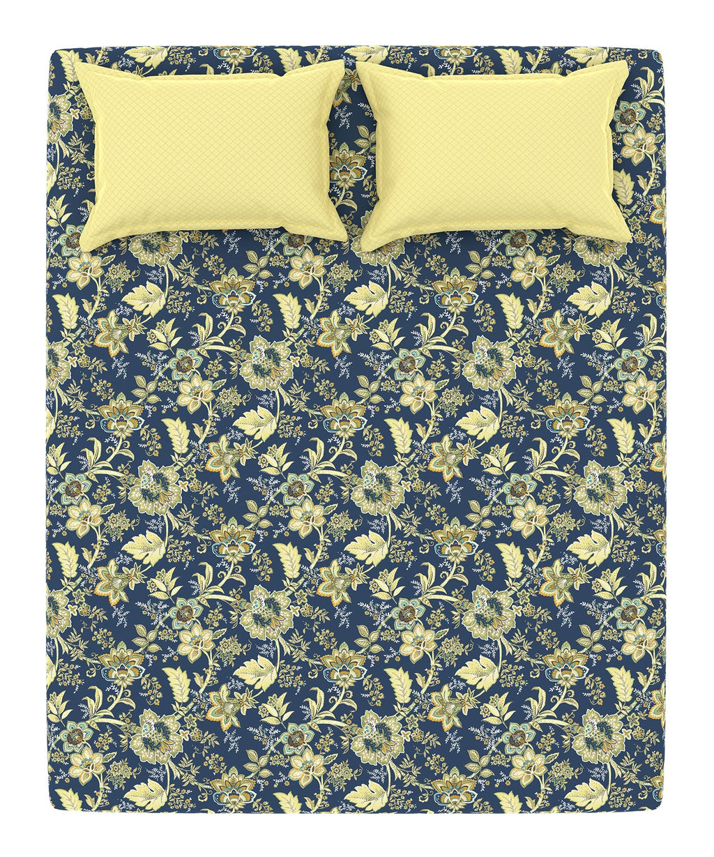 Home Essential King Printed Bedsheet, 144TC, 100% Cotton-Elaila Navy Blue