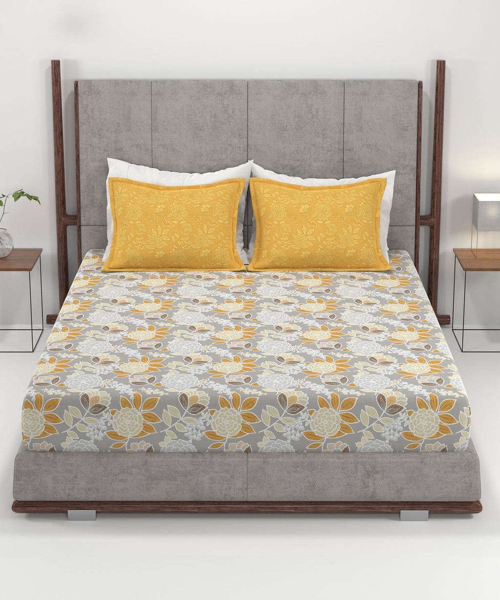 Home Essential King Printed Bedsheet, 144TC, 100% Cotton-Saher Yellow