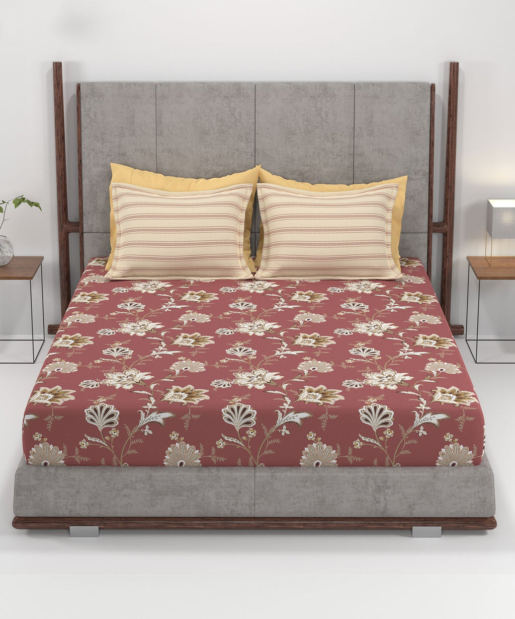 Home Essential King Printed Bedsheet, 144TC, 100% Cotton-Yasmin Red