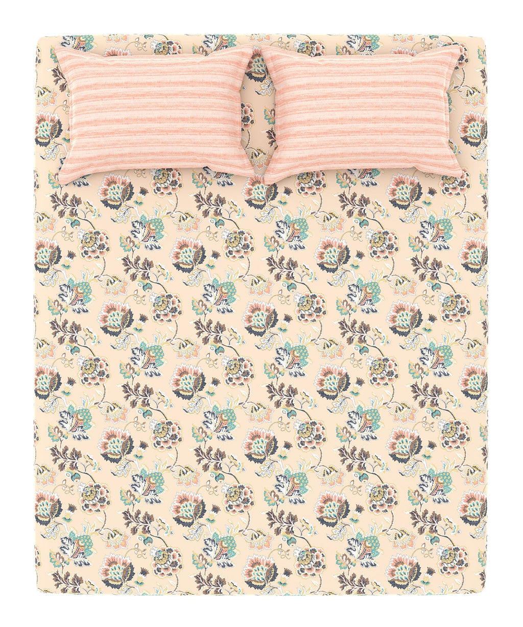 Home Essential King Printed Bedsheet, 144TC, 100% Cotton-Nayra Peach