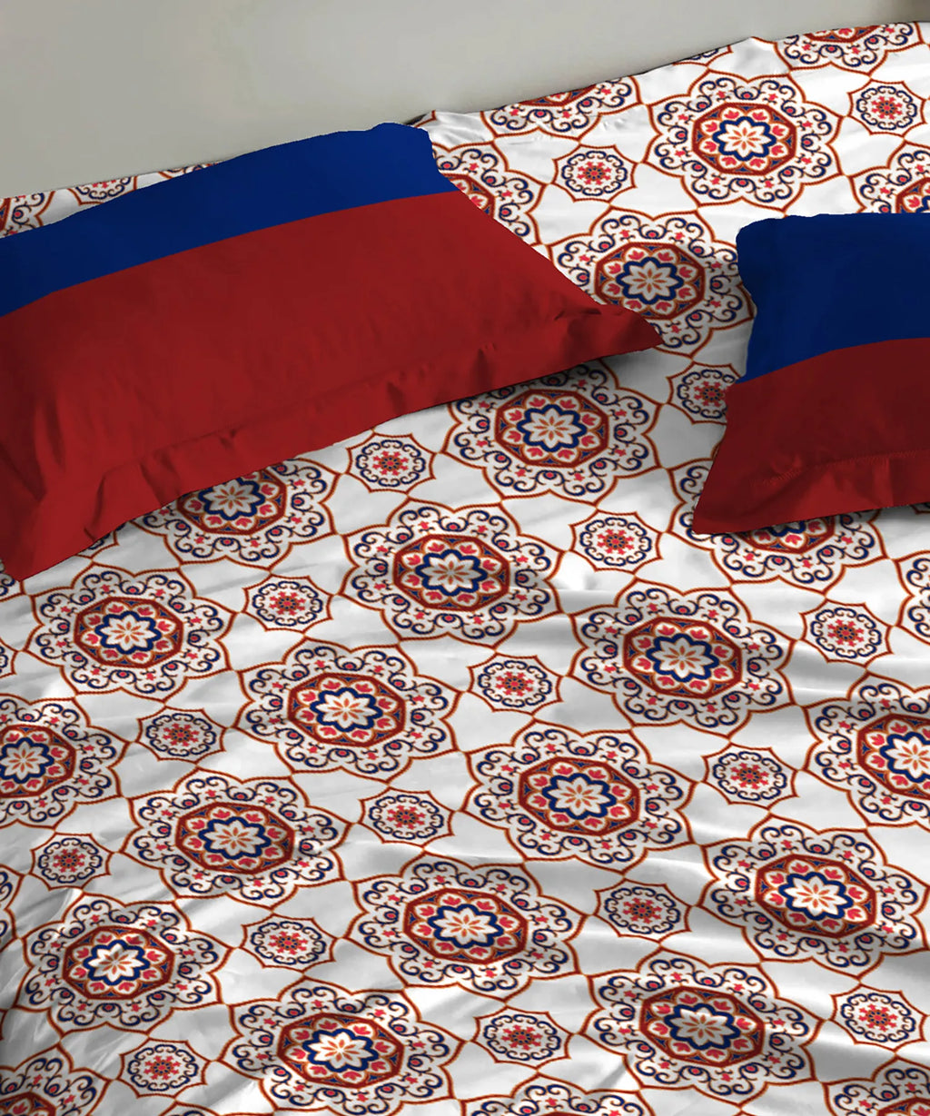 Urban Comfort Queen Bedsheet Set, Majestic Mandala Red|144 TC Cotton| 2 Pillow Covers