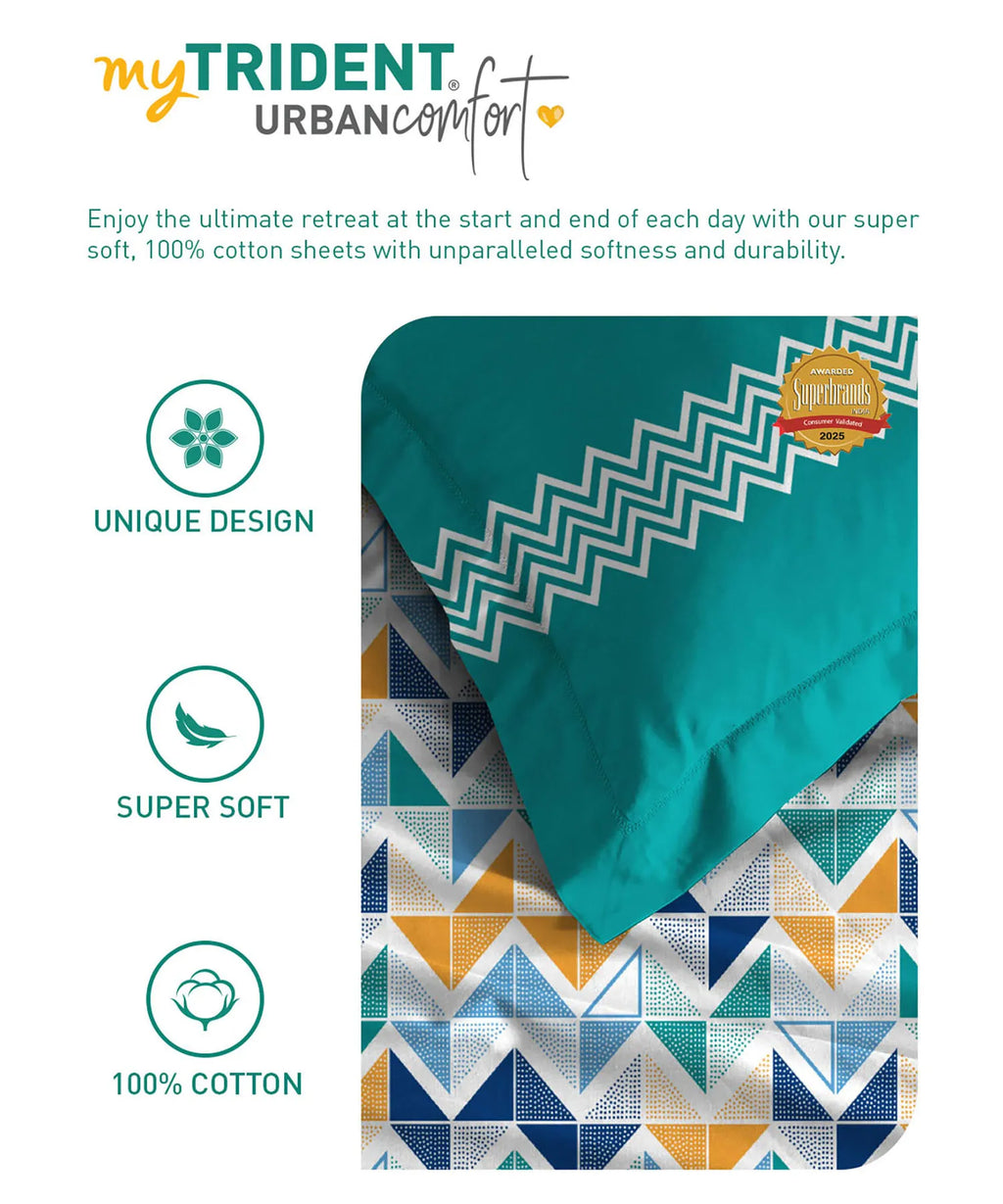Urban Comfort Queen Bedsheet Set, Trippy Triangles Blue |144 TC Cotton| 2 Pillow Covers