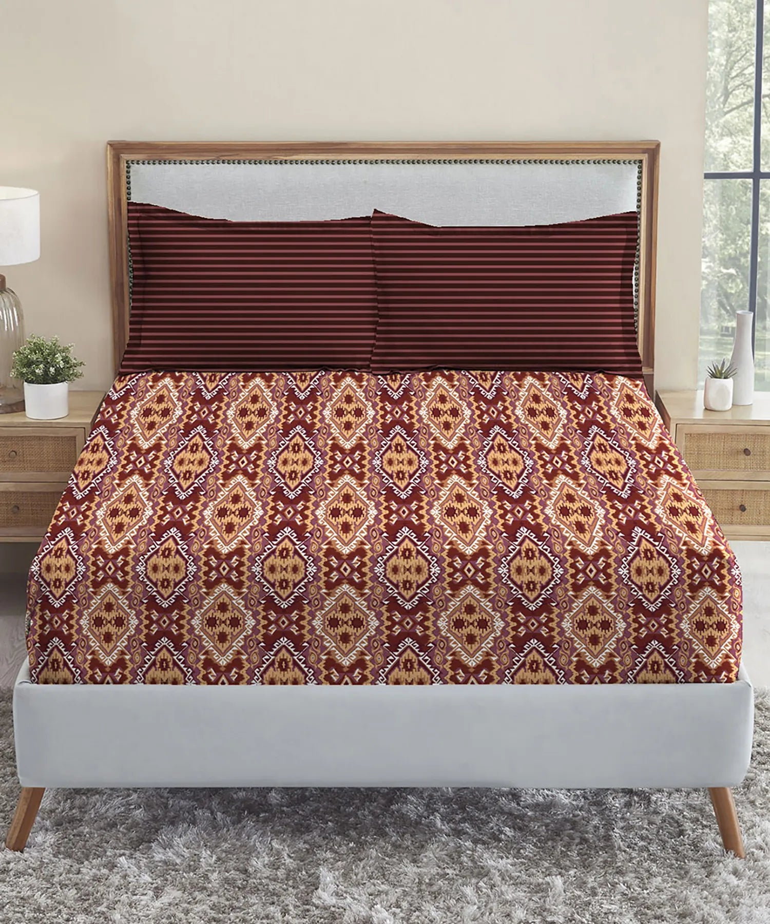 Urban Comfort Queen Bedsheet, Modern Brown| 144TC Cotton| 2 Pillow Cover