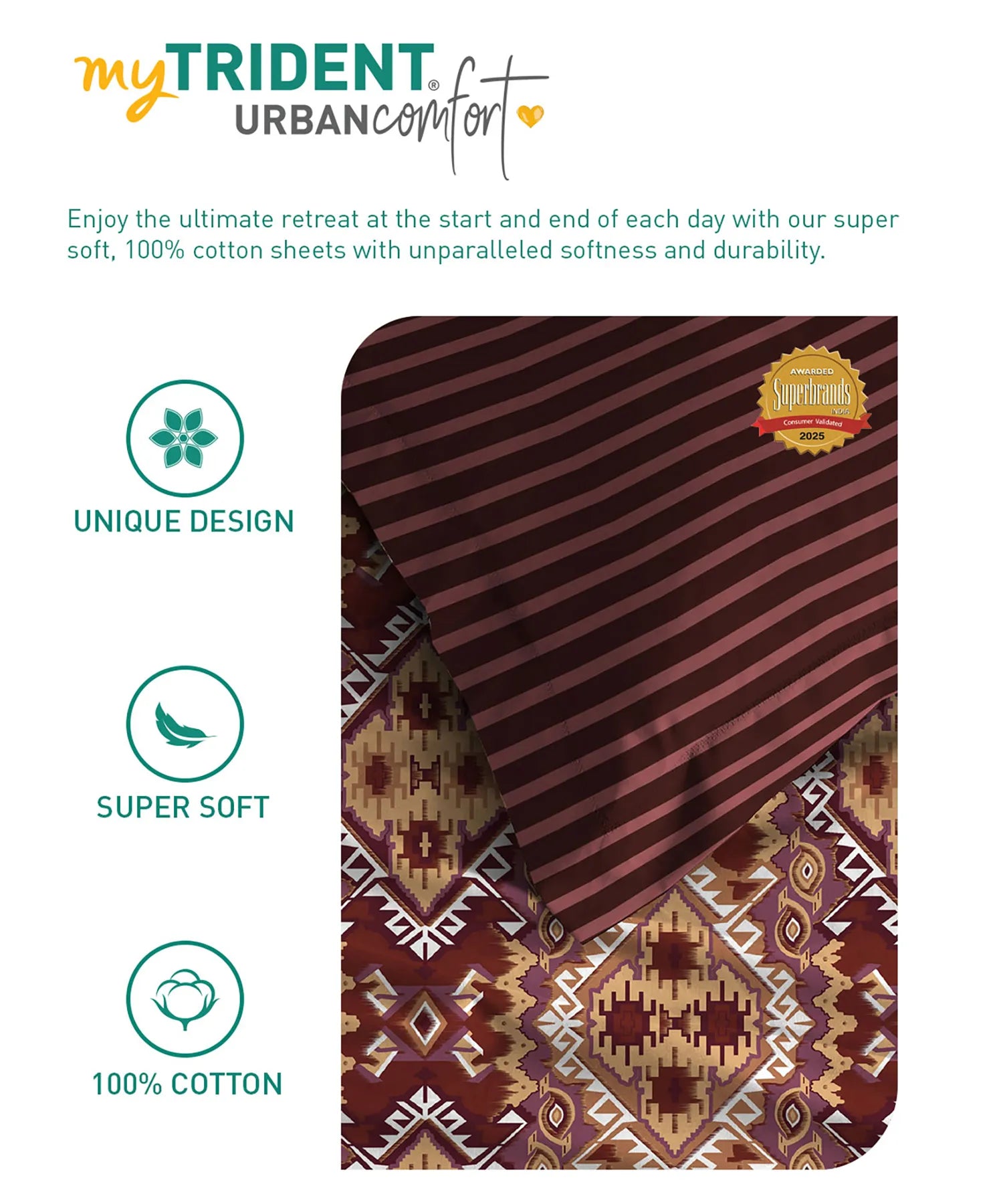 Urban Comfort Queen Bedsheet Set, Modern Brown |144 TC Cotton| 2 Pillow Covers