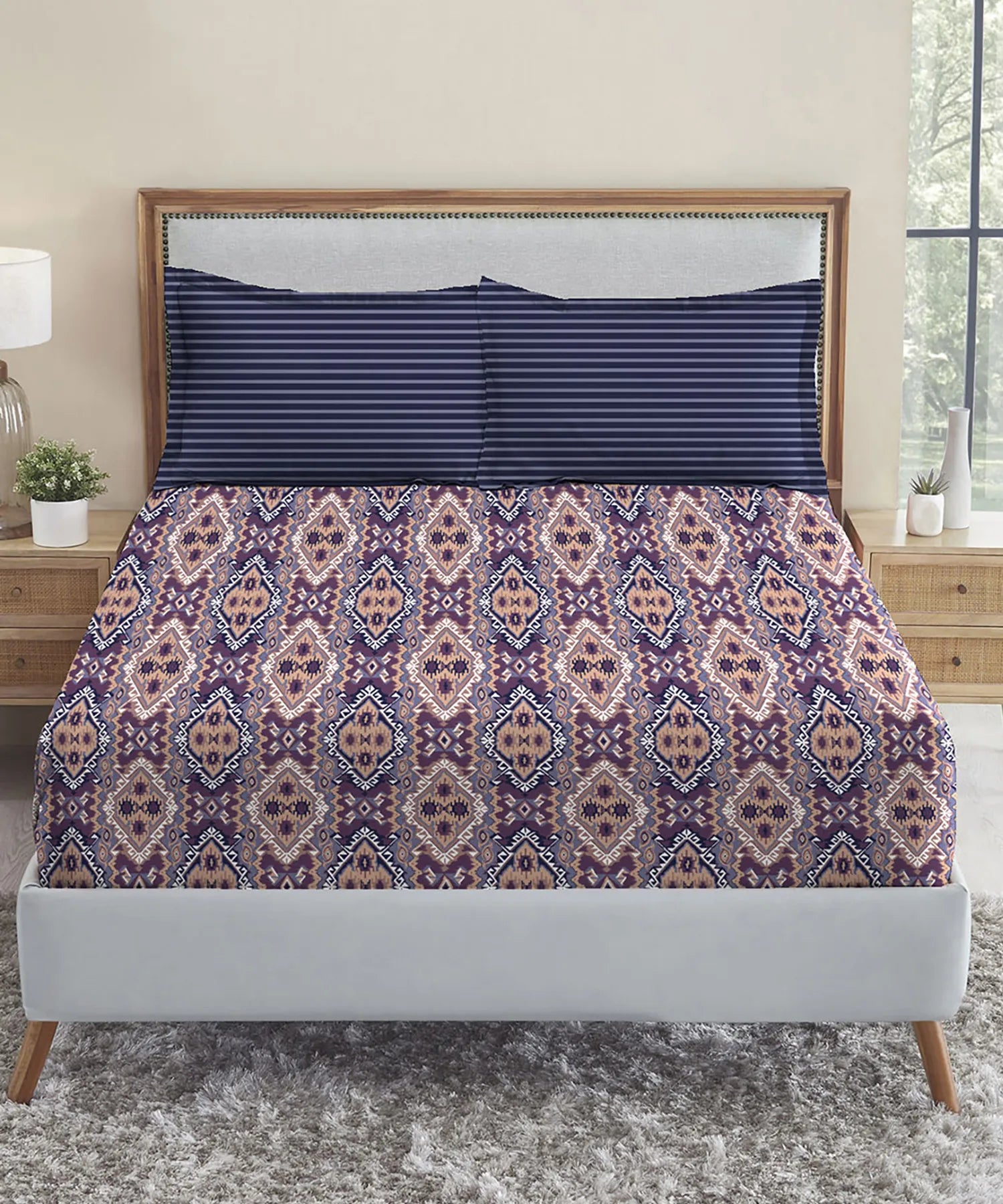 Urban Comfort Queen Bedsheet Set, Modern Indigo |144 TC Cotton| 2 Pillow Covers