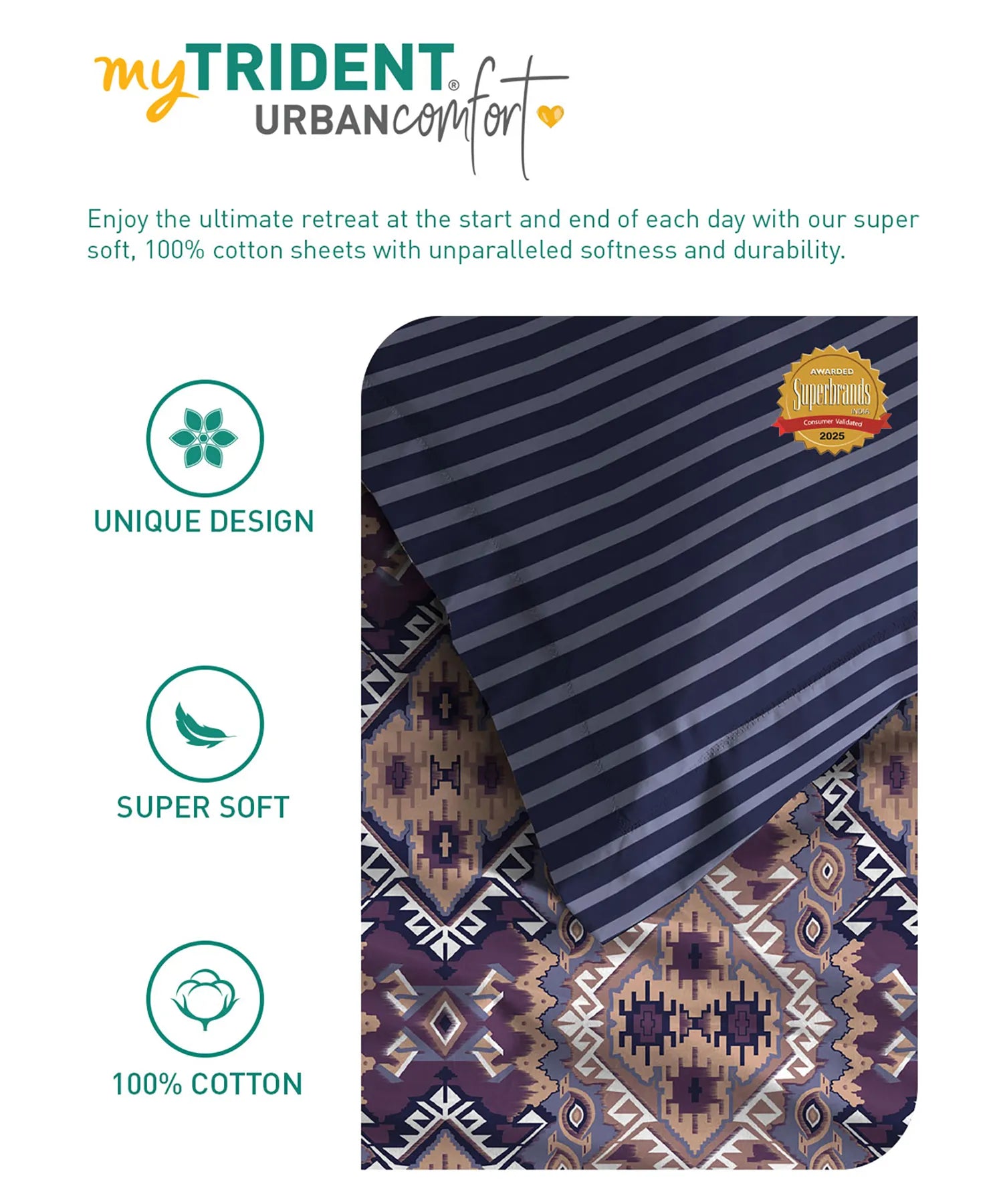 Urban Comfort Queen Bedsheet Set, Modern Indigo |144 TC Cotton| 2 Pillow Covers