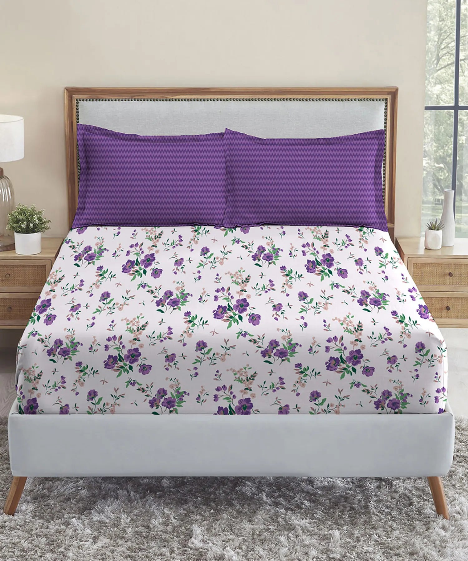 Urban Comfort Queen Bedsheet Set, Sunset Purple |144 TC Cotton| 2 Pillow Covers