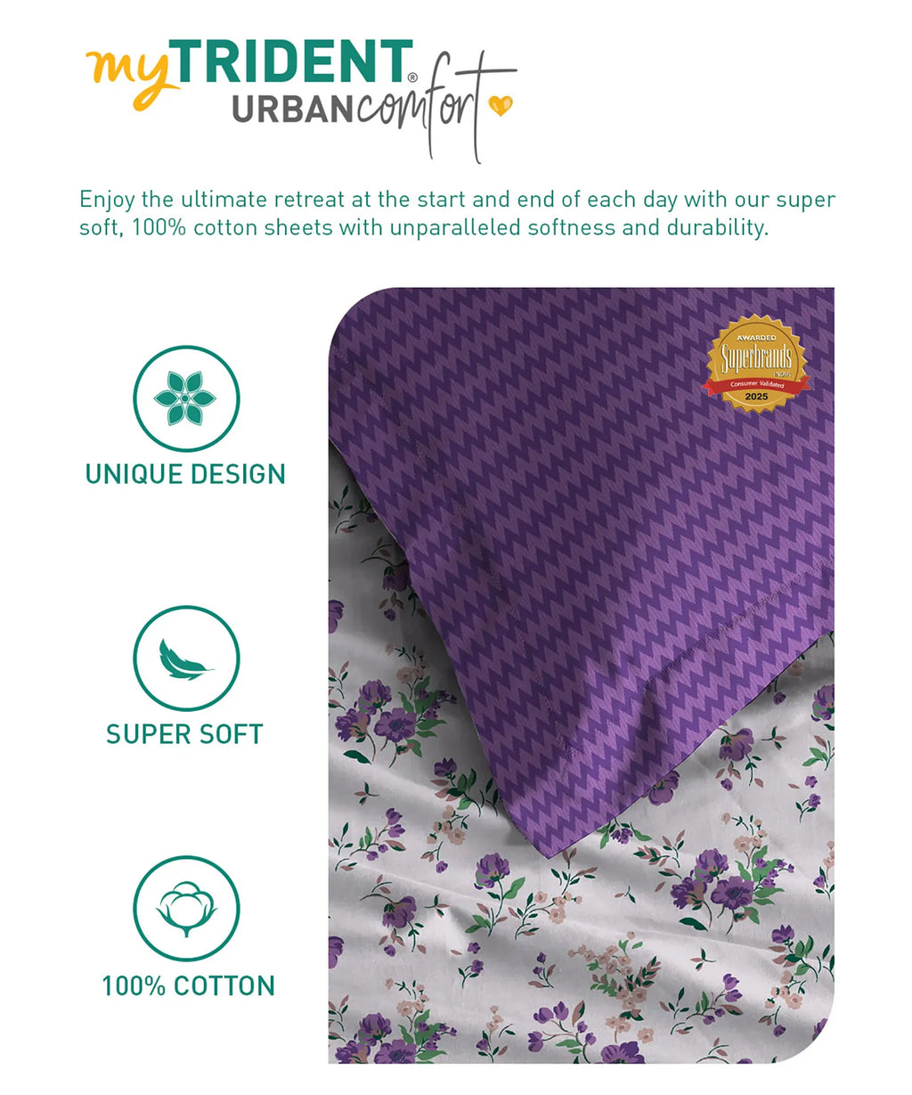 Urban Comfort Queen Bedsheet Set, Sunset Purple |144 TC Cotton| 2 Pillow Covers