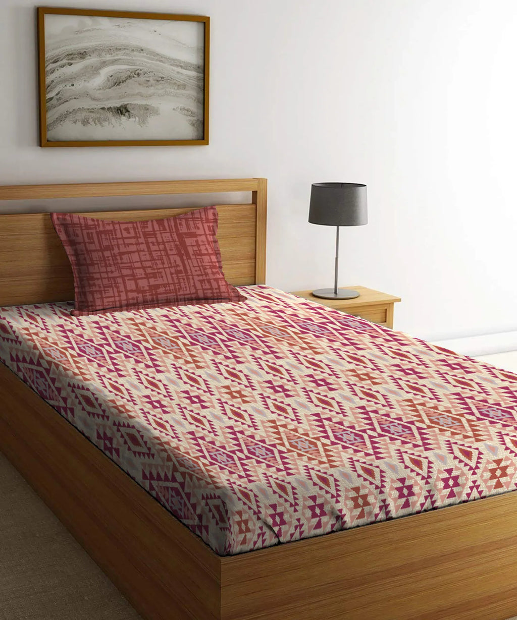 Urban Comfort Single Bedsheet Set, Aria Red |144 TC Cotton| 1 Pillow Covers