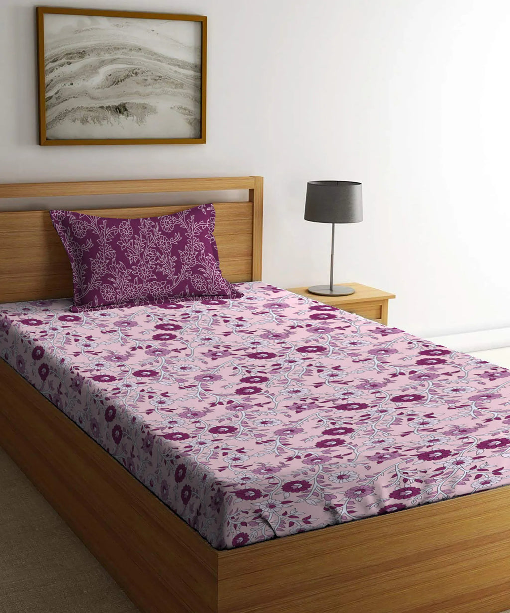 Urban Comfort Single Bedsheet Set, Desert Gardern Pink |144 TC Cotton| 1 Pillow Covers