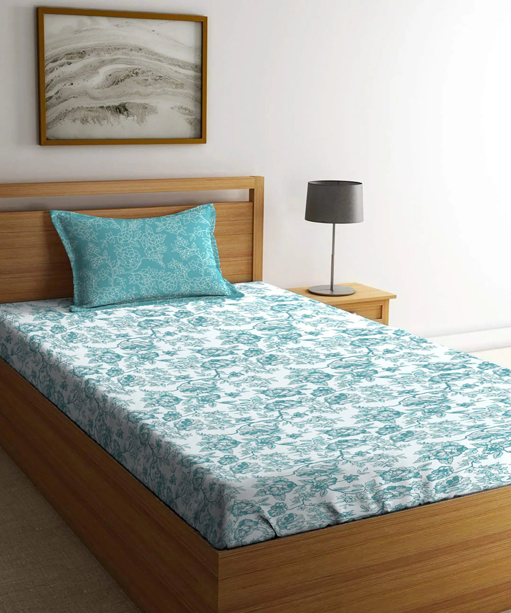 Urban Comfort Single Bedsheet Set, Juliet Blue |144 TC Cotton| 1 Pillow Covers