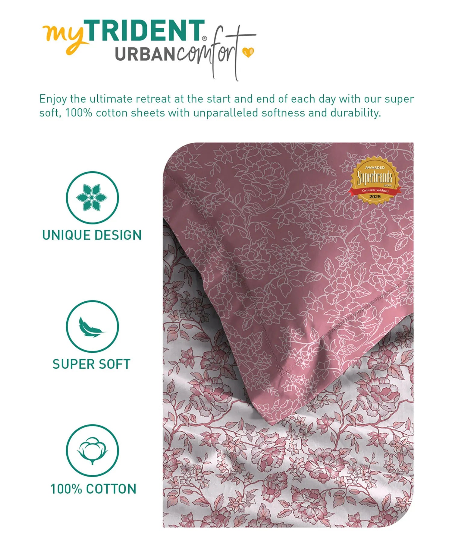 Urban Comfort Single Bedsheet Set, Juliet Pink|144 TC Cotton| 1 Pillow Covers