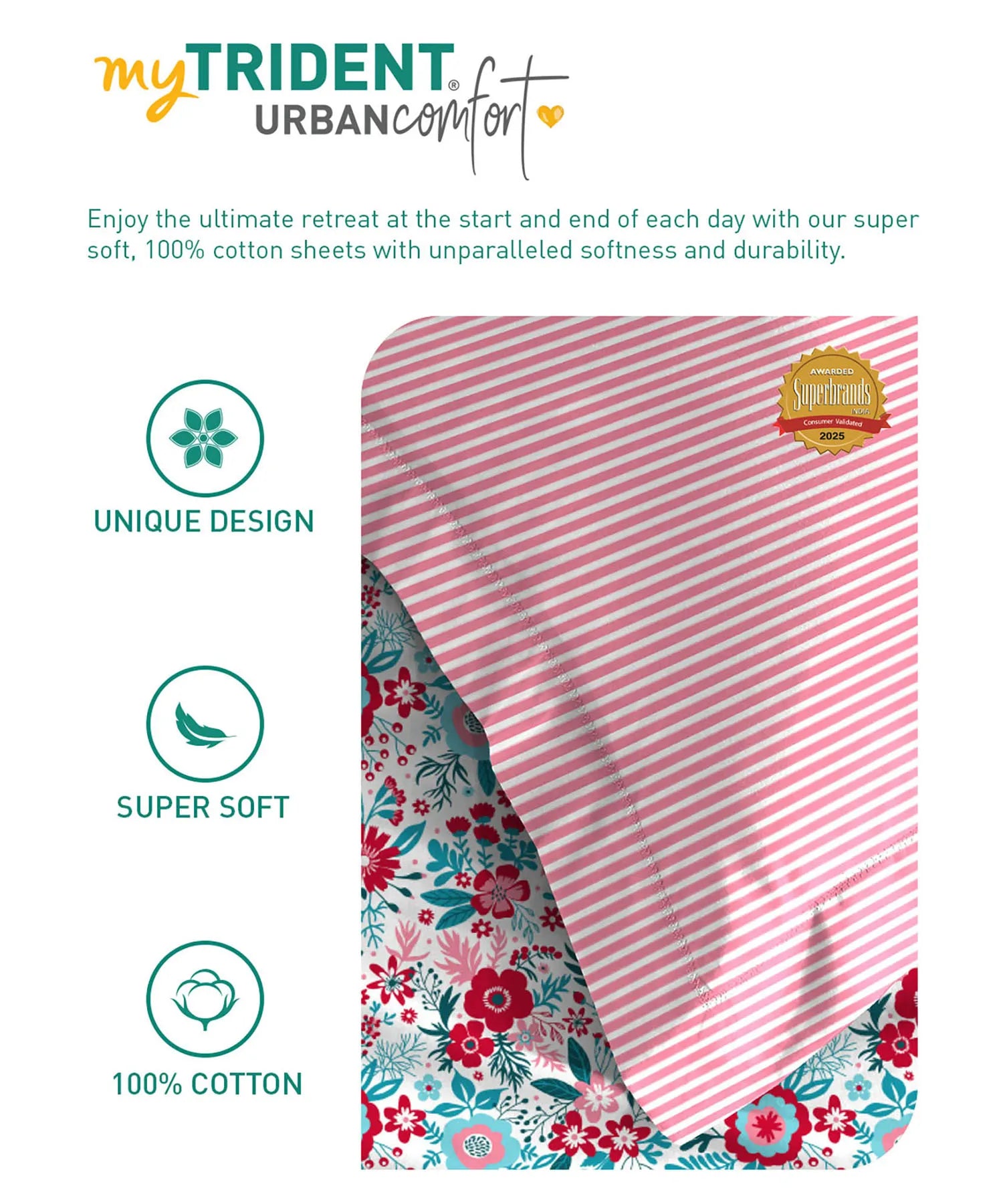 Urban Comfort Single Bedsheet Set, Gardenia Blooms Pink |144 TC Cotton| 1 Pillow Covers