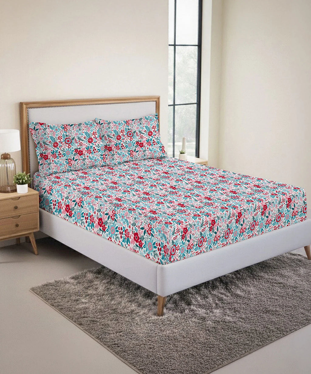 Urban Comfort King Fitted Bedsheet Set, Gardenia Blooms Pink|144 TC Cotton| 2 Pillow Covers