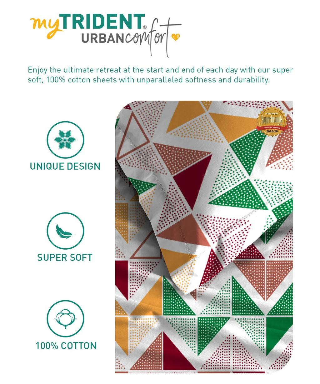 Urban Comfort King Fitted Bedsheet Set, Trippy Triangles Red|144 TC Cotton| 2 Pillow Covers