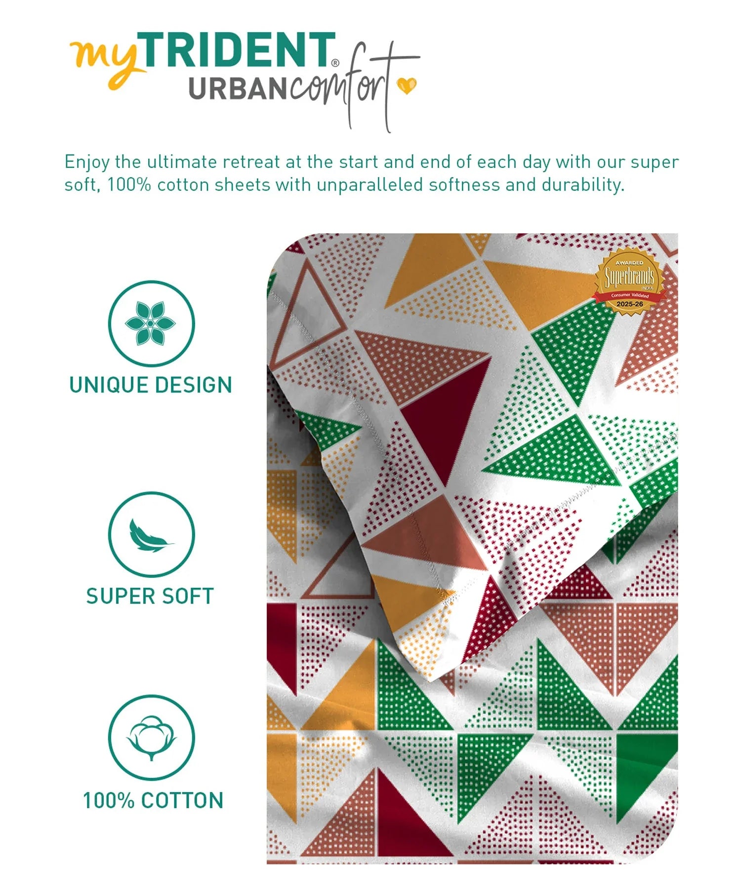 Urban Comfort King Fitted Bedsheet Set, Trippy Triangles Red|144 TC Cotton| 2 Pillow Covers