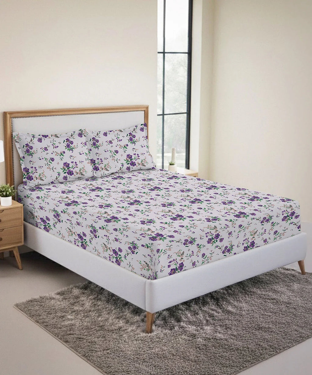Urban Comfort King Fitted Bedsheet Set, Sunset Purple |144 TC Cotton| 2 Pillow Covers