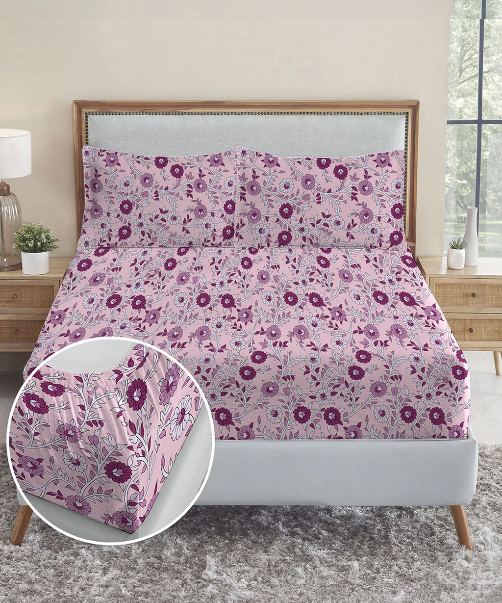 Urban Comfort King Fitted Bedsheet Set, Desert Gardern Pink|144 TC Cotton| 2 Pillow Covers