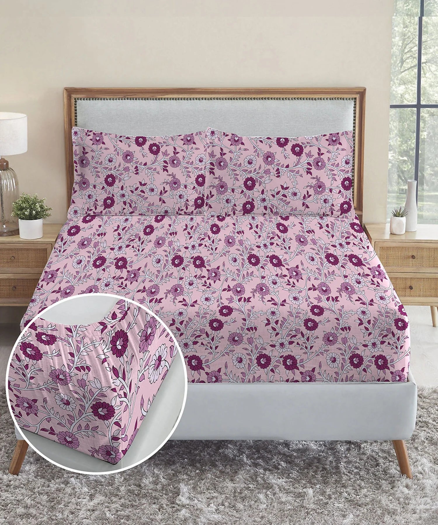 Urban Comfort King Fitted Bedsheet Set, Desert Gardern Pink|144 TC Cotton| 2 Pillow Covers