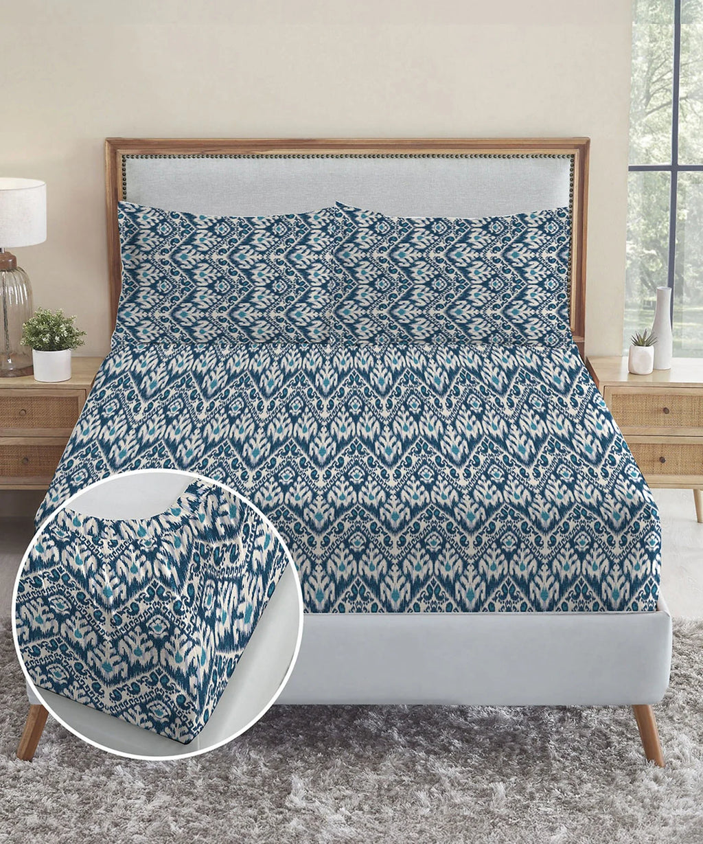 Urban Comfort King Fitted Bedsheet Set, Audrey |144 TC Cotton| 2 Pillow Covers