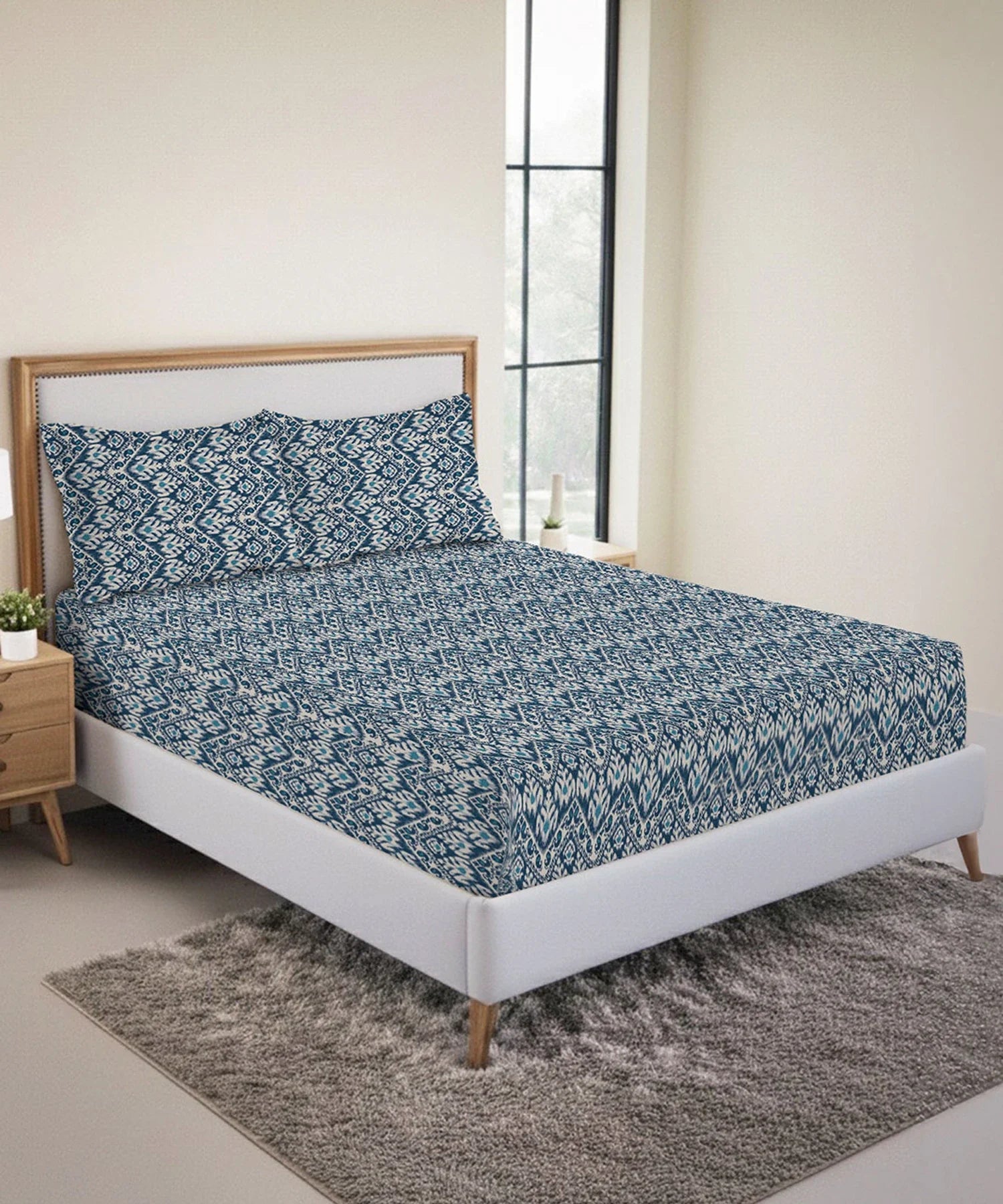 Urban Comfort King Fitted Bedsheet Set, Audrey |144 TC Cotton| 2 Pillow Covers