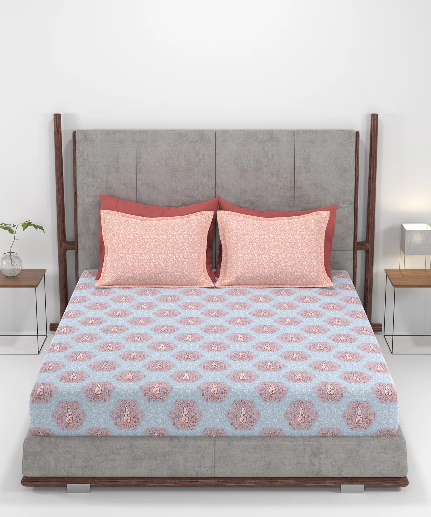 Carnival Ornate Queen Bedsheet, Heer Powder Blue|144 TC Cotton| 2 Pillow Covers