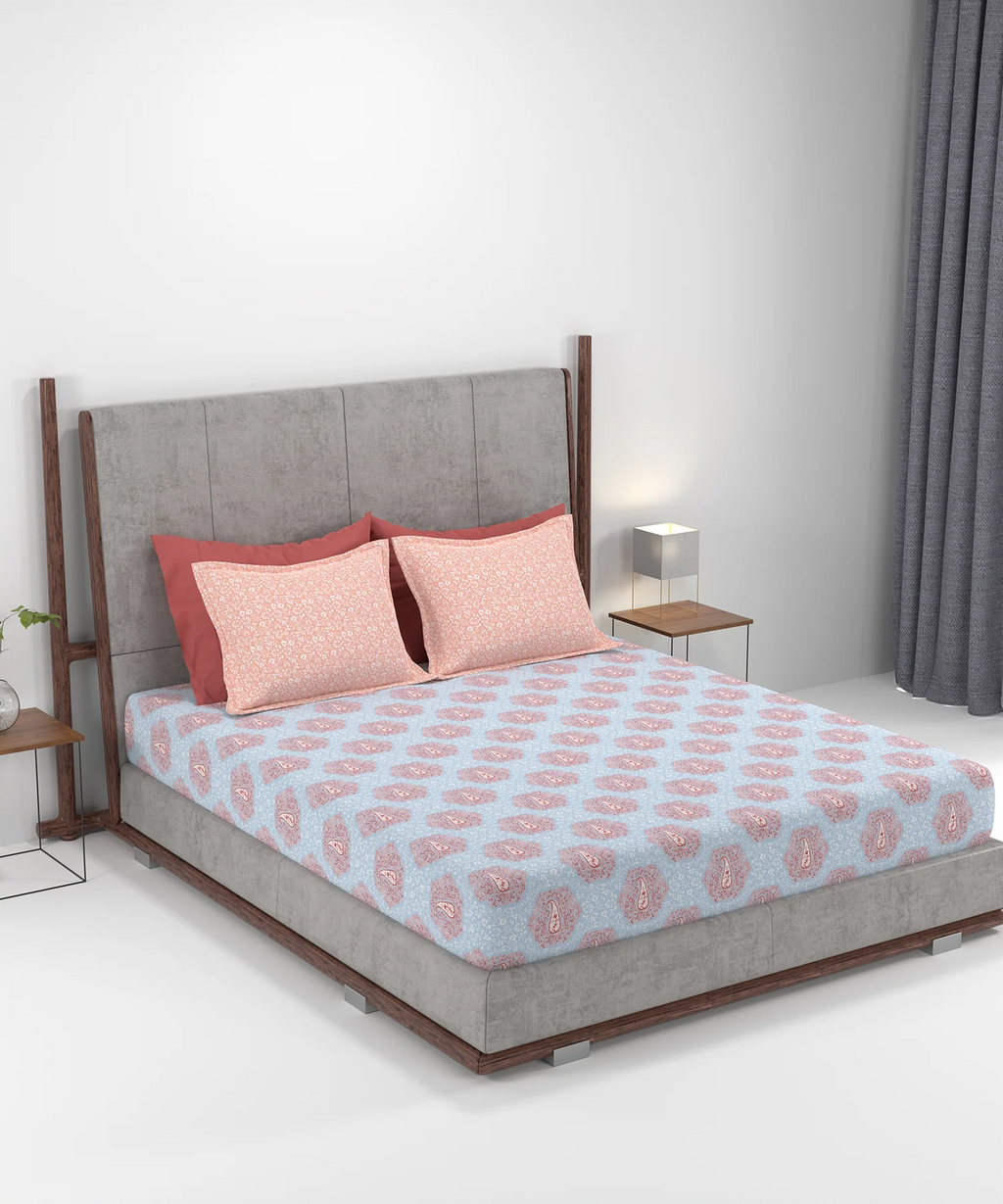 Carnival Ornate Queen Bedsheet, Heer Powder Blue|144 TC Cotton| 2 Pillow Covers