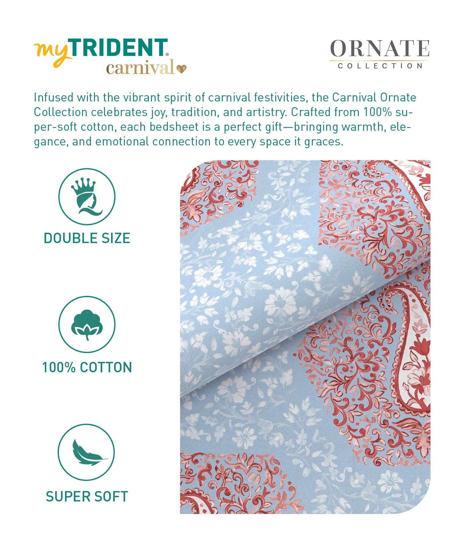 Carnival Ornate Queen Bedsheet, Heer Powder Blue|144 TC Cotton| 2 Pillow Covers