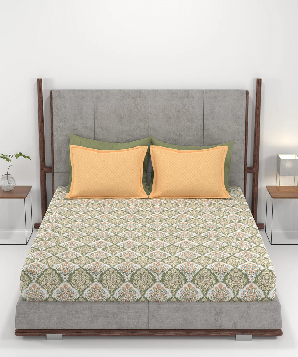 Carnival Ornate Queen Bedsheet, Manohari Sage |144 TC Cotton| 2 Pillow Covers