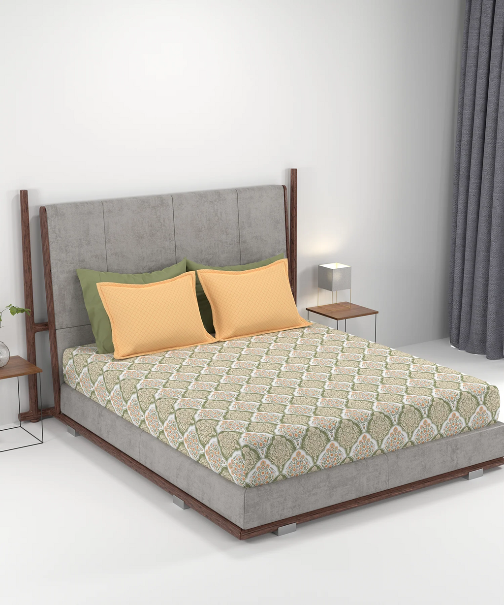 Carnival Ornate Queen Bedsheet, Manohari Sage |144 TC Cotton| 2 Pillow Covers