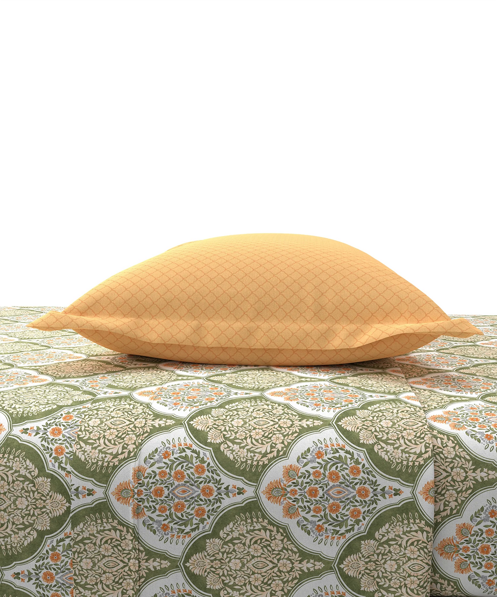 Carnival Ornate Queen Bedsheet, Manohari Sage |144 TC Cotton| 2 Pillow Covers