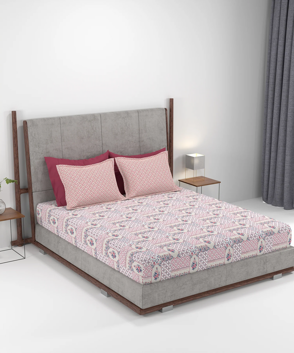 Carnival Ornate Queen Bedsheet, Meera Pink|144 TC Cotton| 2 Pillow Covers