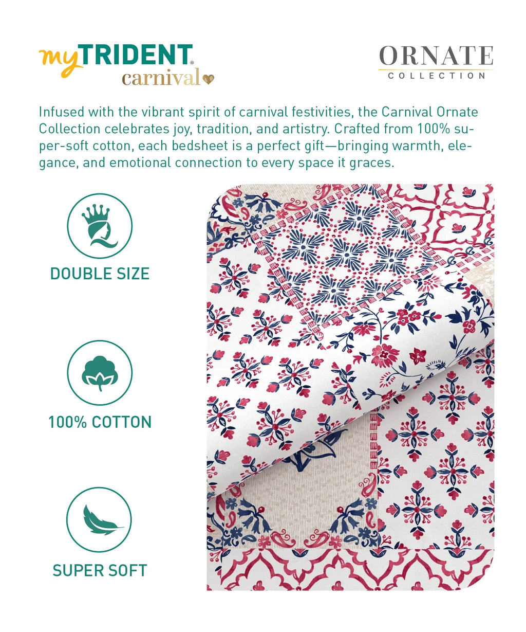 Carnival Ornate Queen Bedsheet, Meera Pink|144 TC Cotton| 2 Pillow Covers
