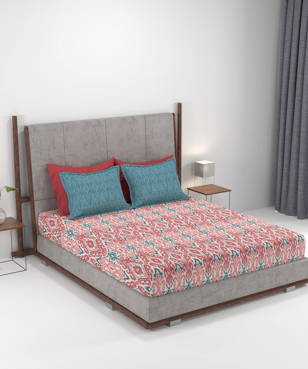 Carnival Ornate Queen Bedsheet, Saaj Red |144 TC Cotton| 2 Pillow Covers
