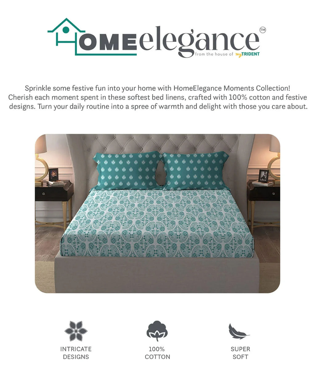 Moments Queen Bedsheet Set, Diana Teal|120 TC Cotton