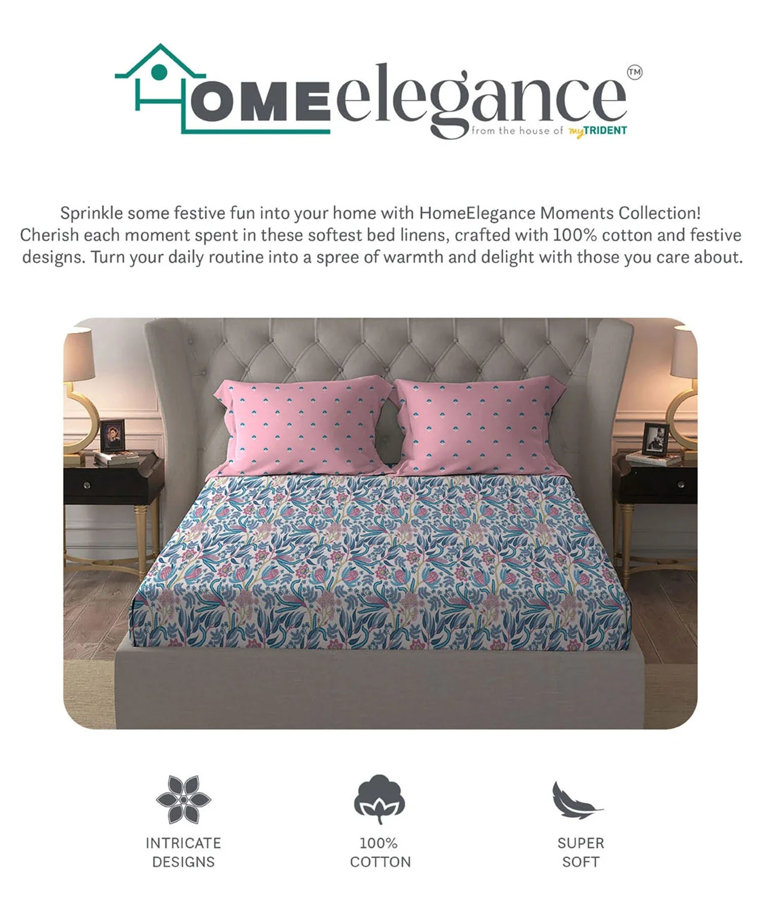 Moments Queen Bedsheet Set,Reverie Pink|120 TC Cotton