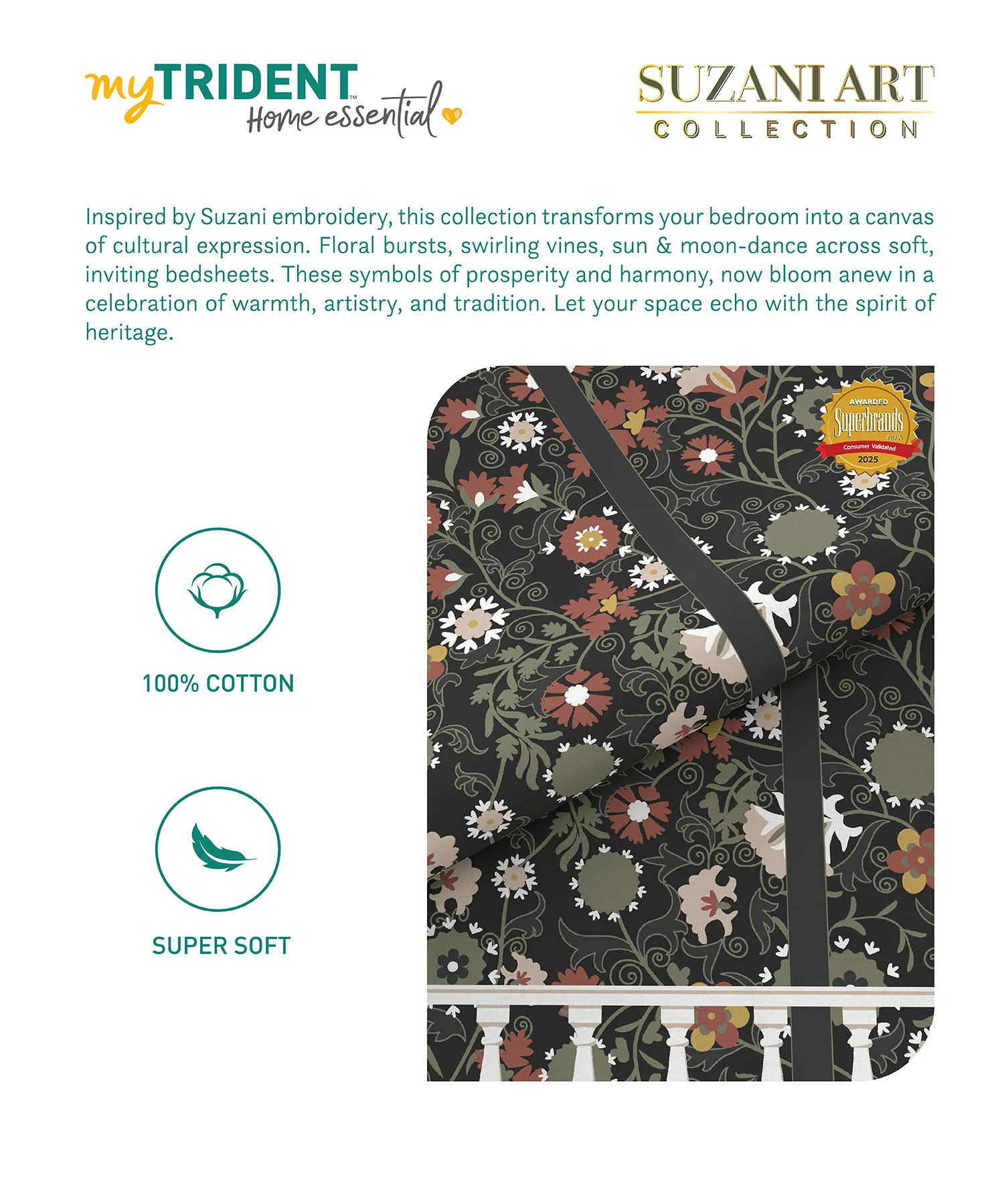 Home Essential  Suzani King Bedsheet, Angan Phool|144TC Cotton| 2 Pillow Covers