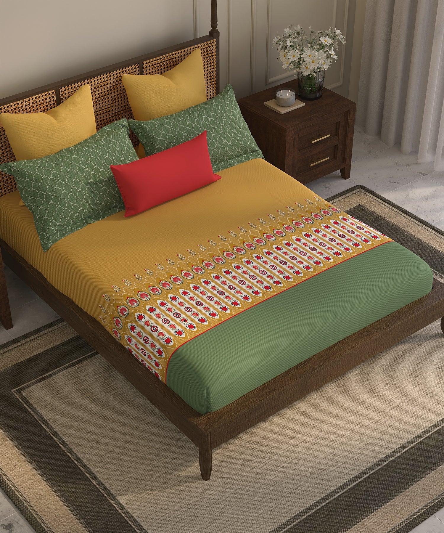 Home Essential  Suzani King Bedsheet, Khush Rang|144TC Cotton| 2 Pillow Covers