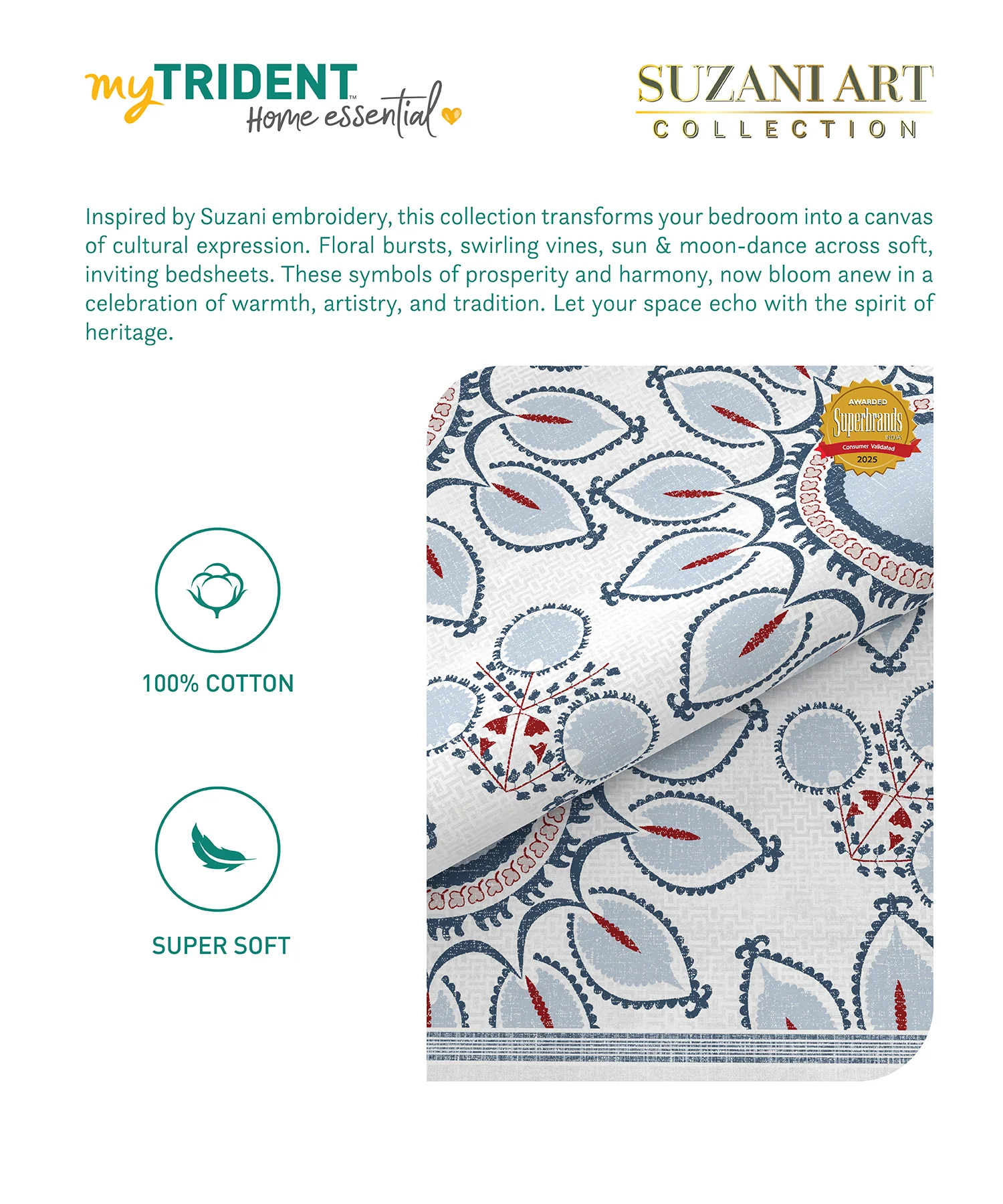 Home Essential  Suzani King Bedsheet, Vata Stuti|144TC Cotton| 2 Pillow Covers